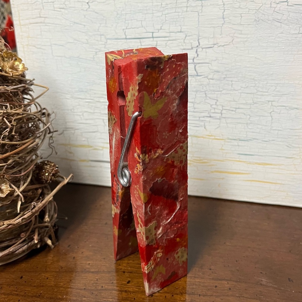 Note Holder - handcrafted decoupaged large clothespin style in red, gold